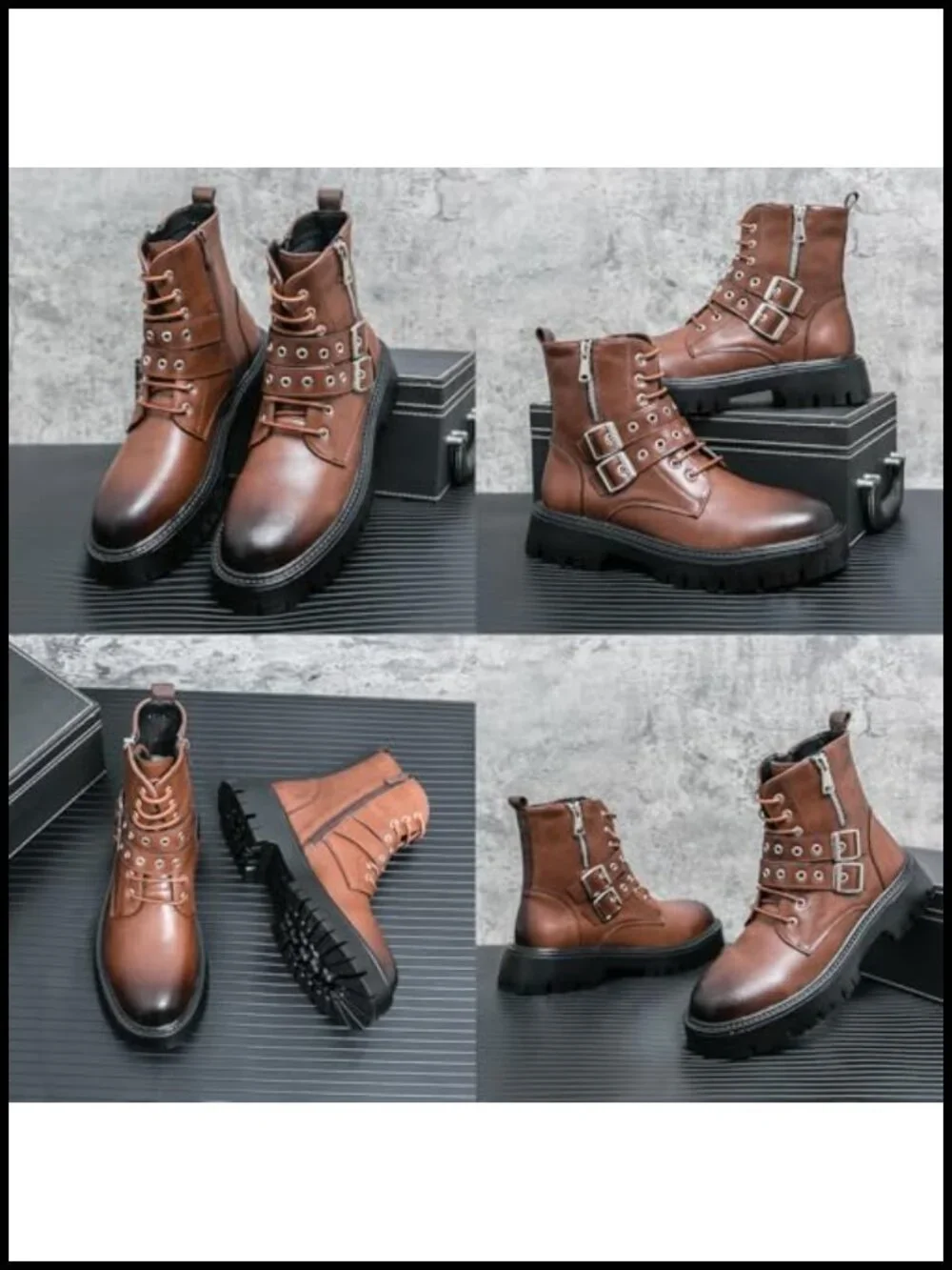 Men's Black Leather Platform Ankle Boots Lace up Side Zip Adjustable Buckle Lug